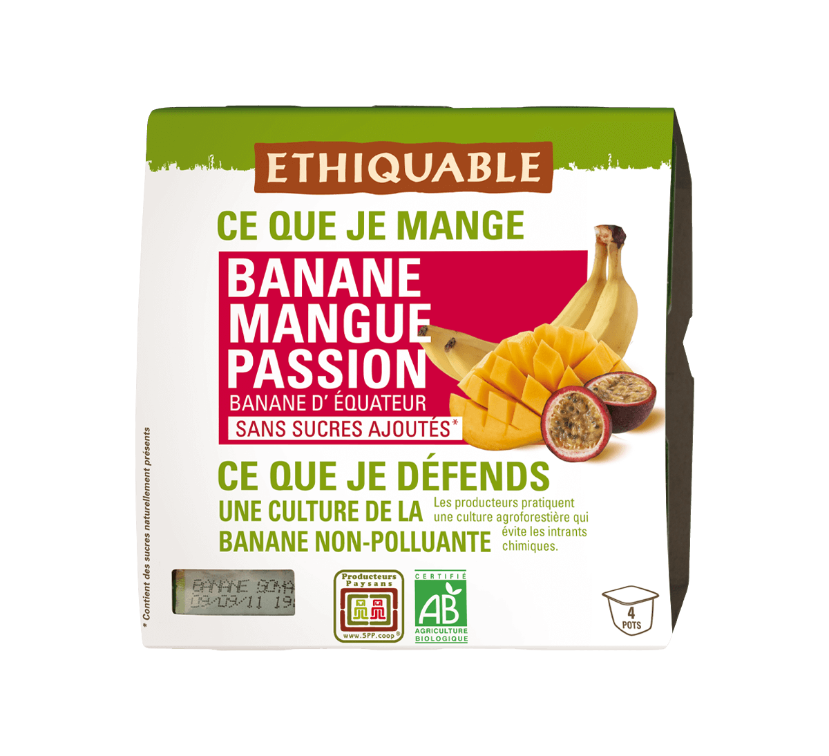 Ethiquable - petits pots de purée compote Banane Mangue Passion équitable et bio, sans sucres ajoutés