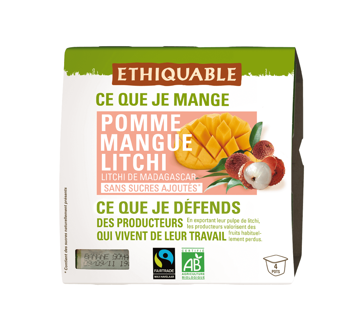 Ethiquable - 4 petits pots de purée compote Pomme Mangue Litchi équitable et bio