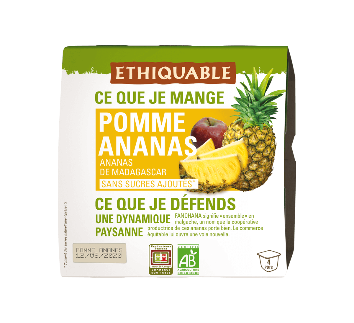 Ethiquable - Petits pots de purée compote bio pomme ananas issue du Commerce Equitable. Sans sucres ajoutés