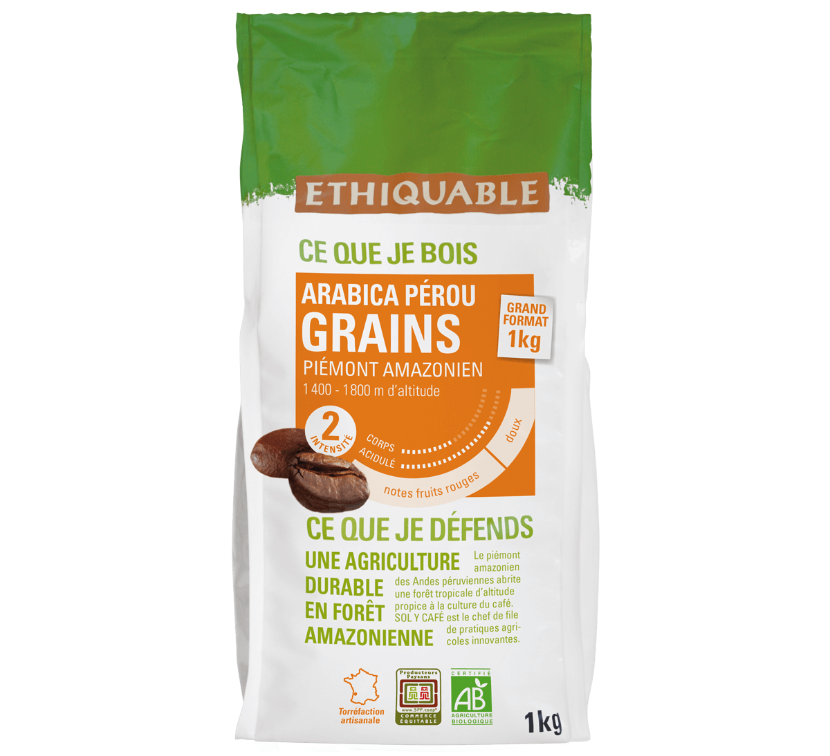 Ethiquable - Café pur arabica bio du Pérou en grains issu du commerce équitable au format 1kg