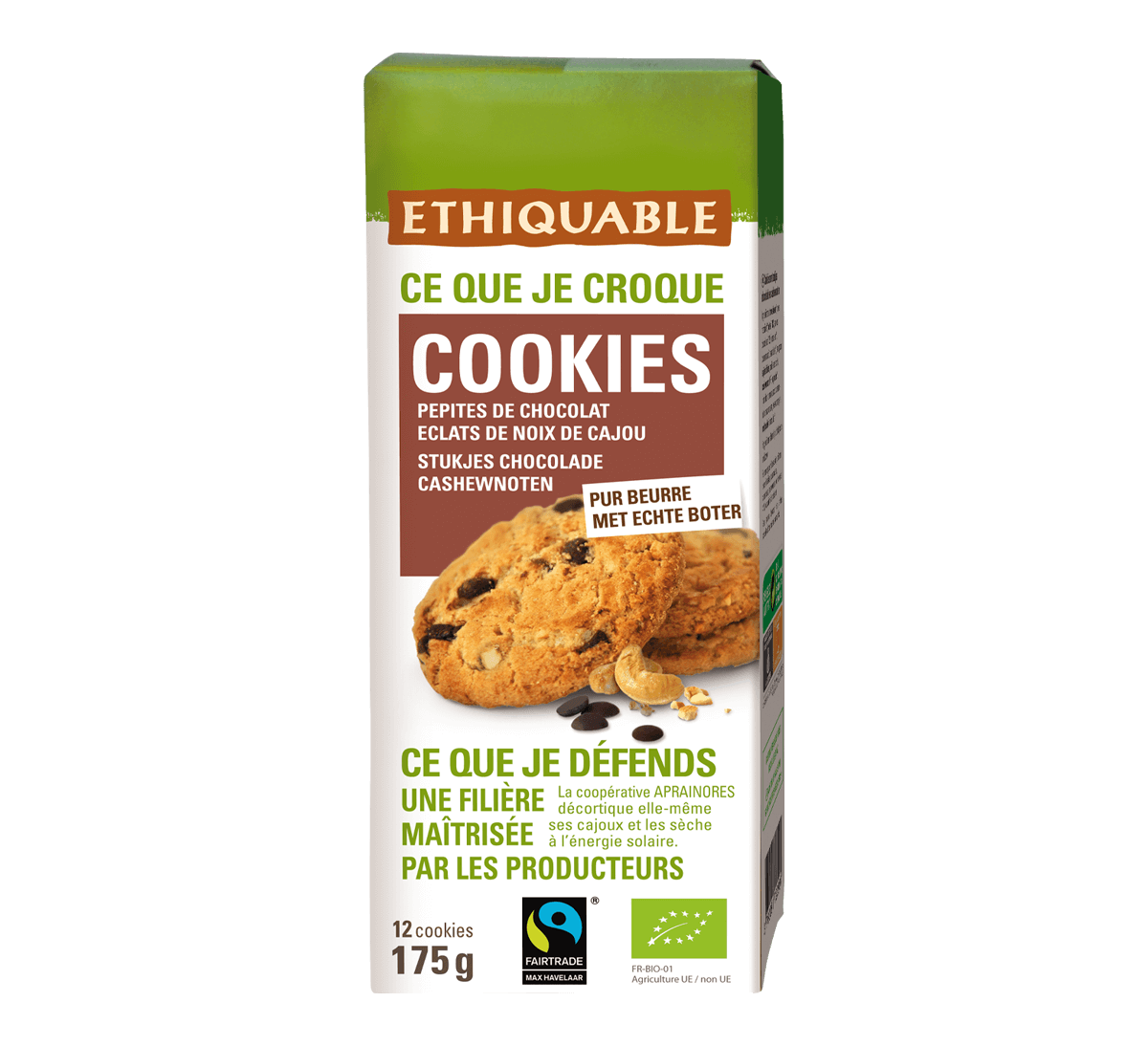 Cookies biscuits bio pur beurre aux pépites chocolat et noix de cajou issus du commerce équitable