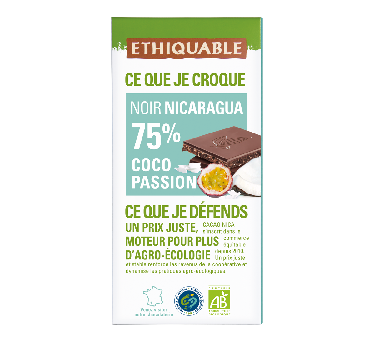 Chocolat noir bio 75% de cacao du Nicaragua à la noix de coco et fruit de la passion issu du commerce équitable