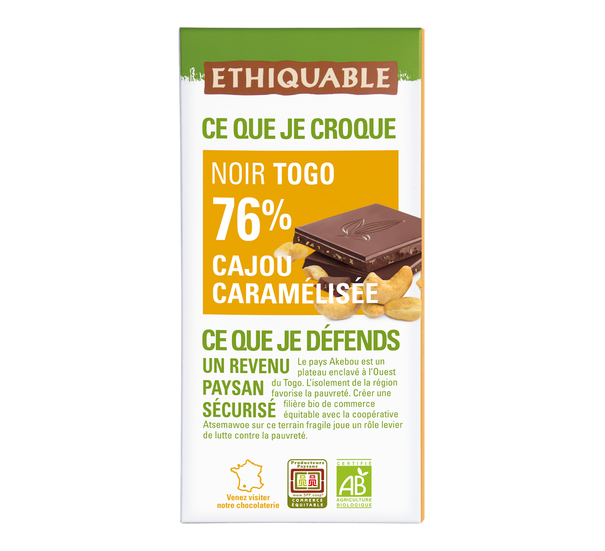 Chocolat noir bio 76% cacao du Togo issu du Commerce Equitable aux noix de cajou caramélisées