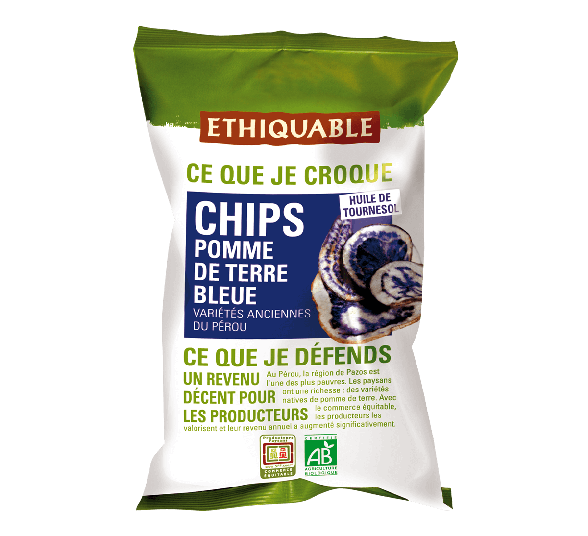 Chips de pomme de terre bleue bio du Pérou issues du Commerce Equitable