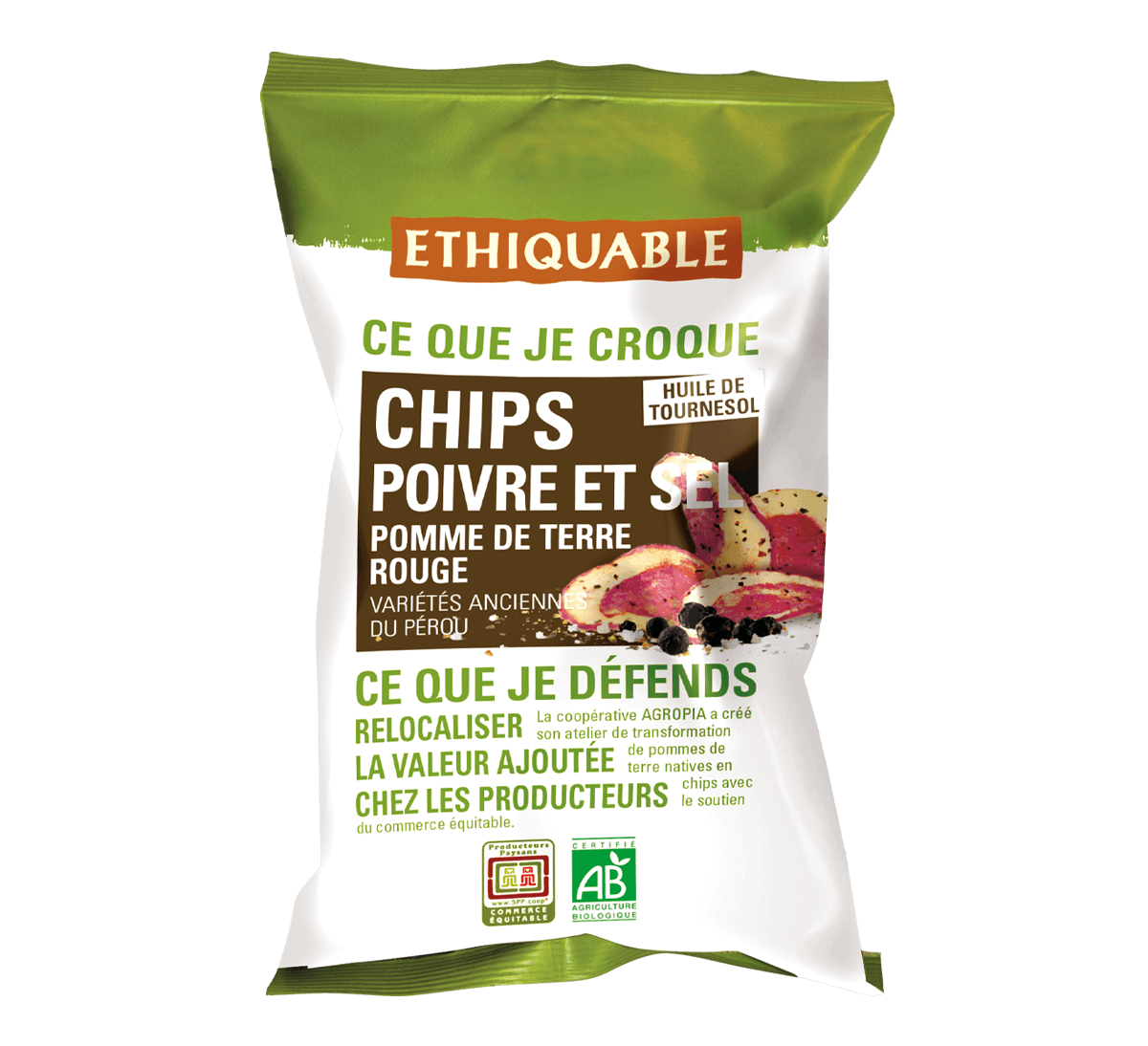 Chips de pomme de terre rouge bio du Pérou au poivre & sel issues du Commerce Equitable
