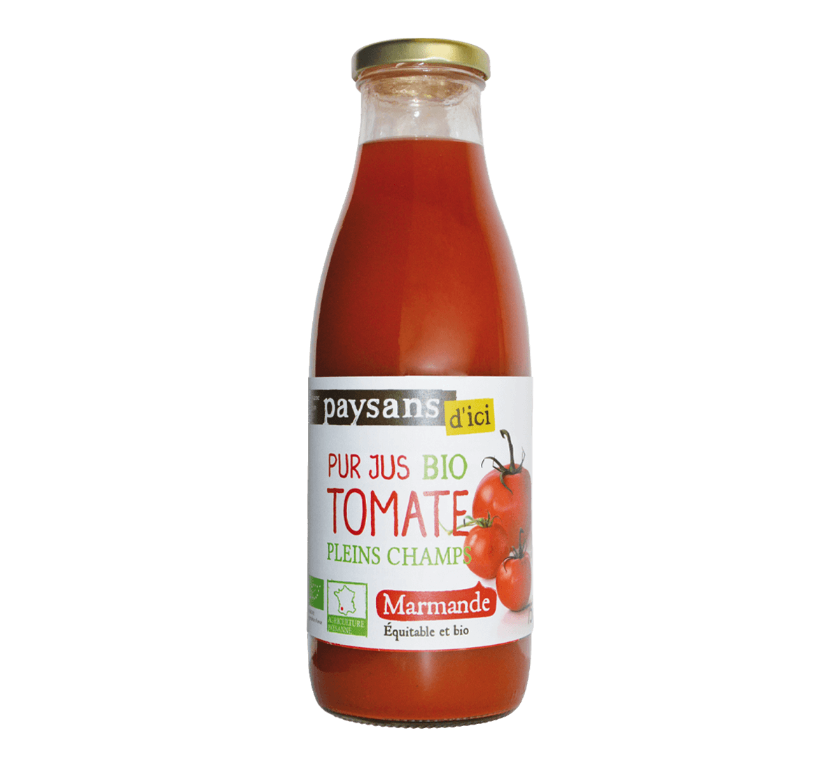 Paysans d'Ici - Pur jus bio de tomate plein champs de Marmande et issu du commerce équitable