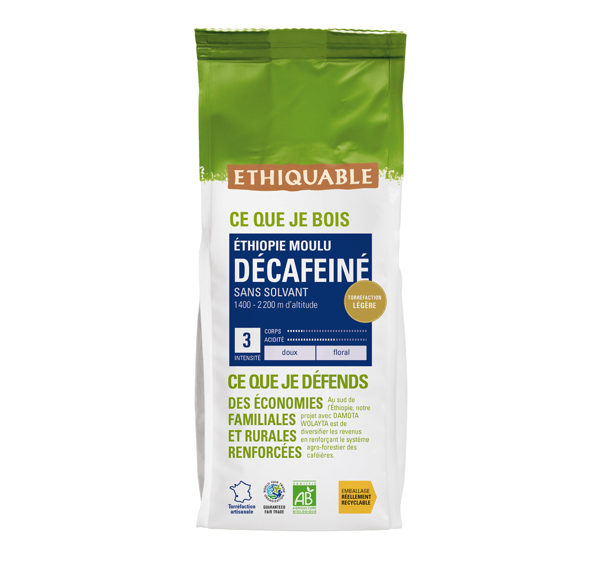 Café pur arabica bio décaféiné sans solvants d'Ethiopie issu du Commerce équitable en format 250g