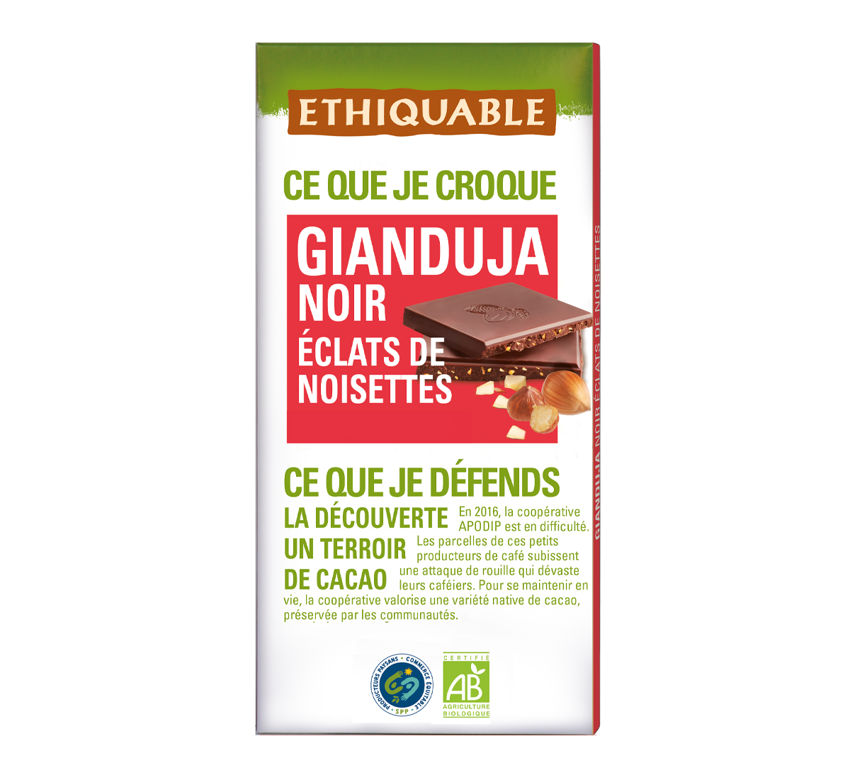 Tablette chocolat noir gianduja éclats de noisettes bio et issu du commerce équitable