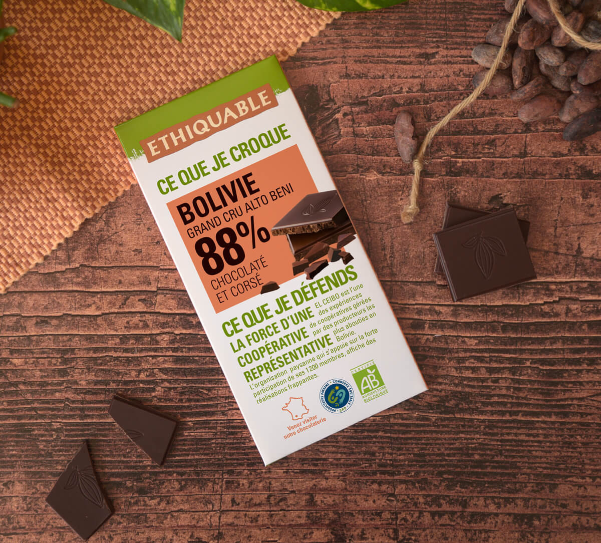 Tablette de chocolat noir 88% de Bolivie bio et équitable Tablette de chocolat noir 88% de Bolivie bio et équitable