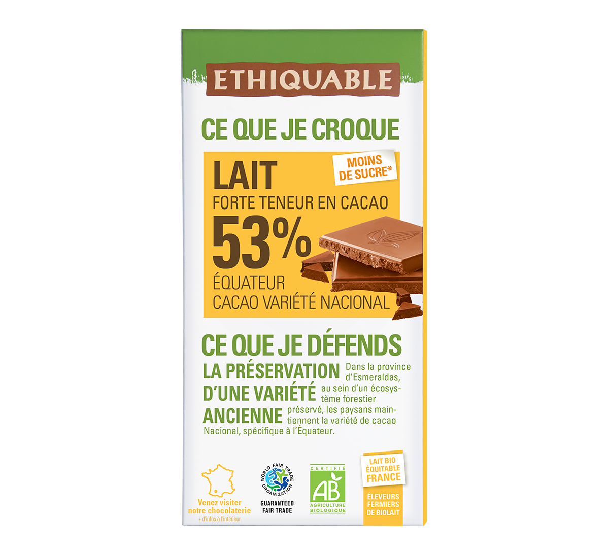Chocolat lait bio 53% de cacao d'Équateur issu du Commerce Equitable - Cacao variété Nacional