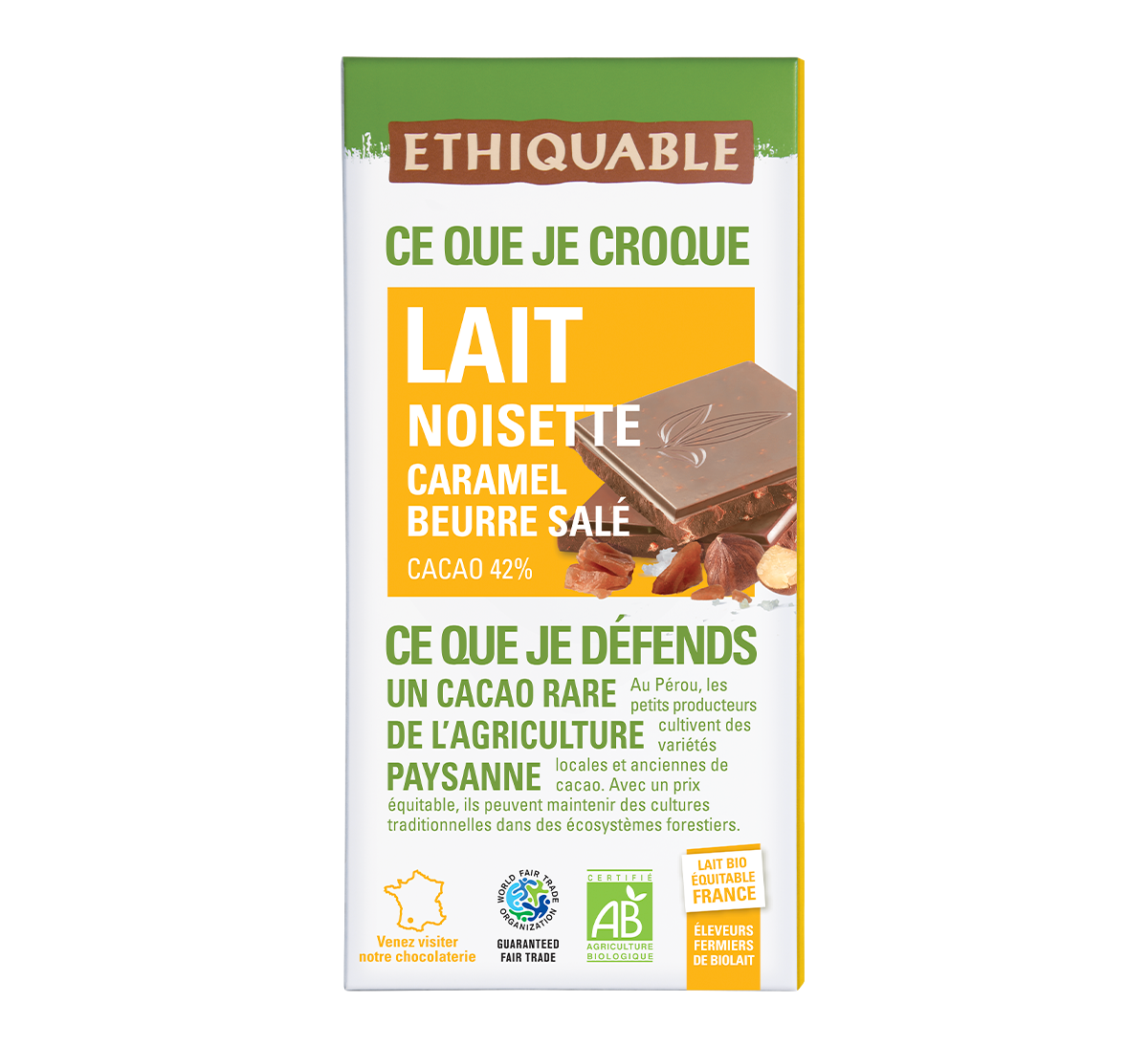 Chocolat au lait français bio et équitable 42% de cacao avec Noisette et Caramel Beurre Salé Chocolat au lait français bio et équitable 42% de cacao avec Noisette et Caramel Beurre Salé