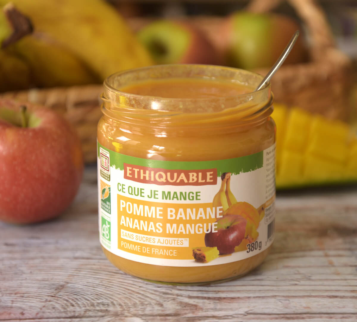 Purée Pomme Banane Ananas Mangue bio et équitable en bocal Purée Pomme Banane Ananas Mangue bio et équitable en bocal