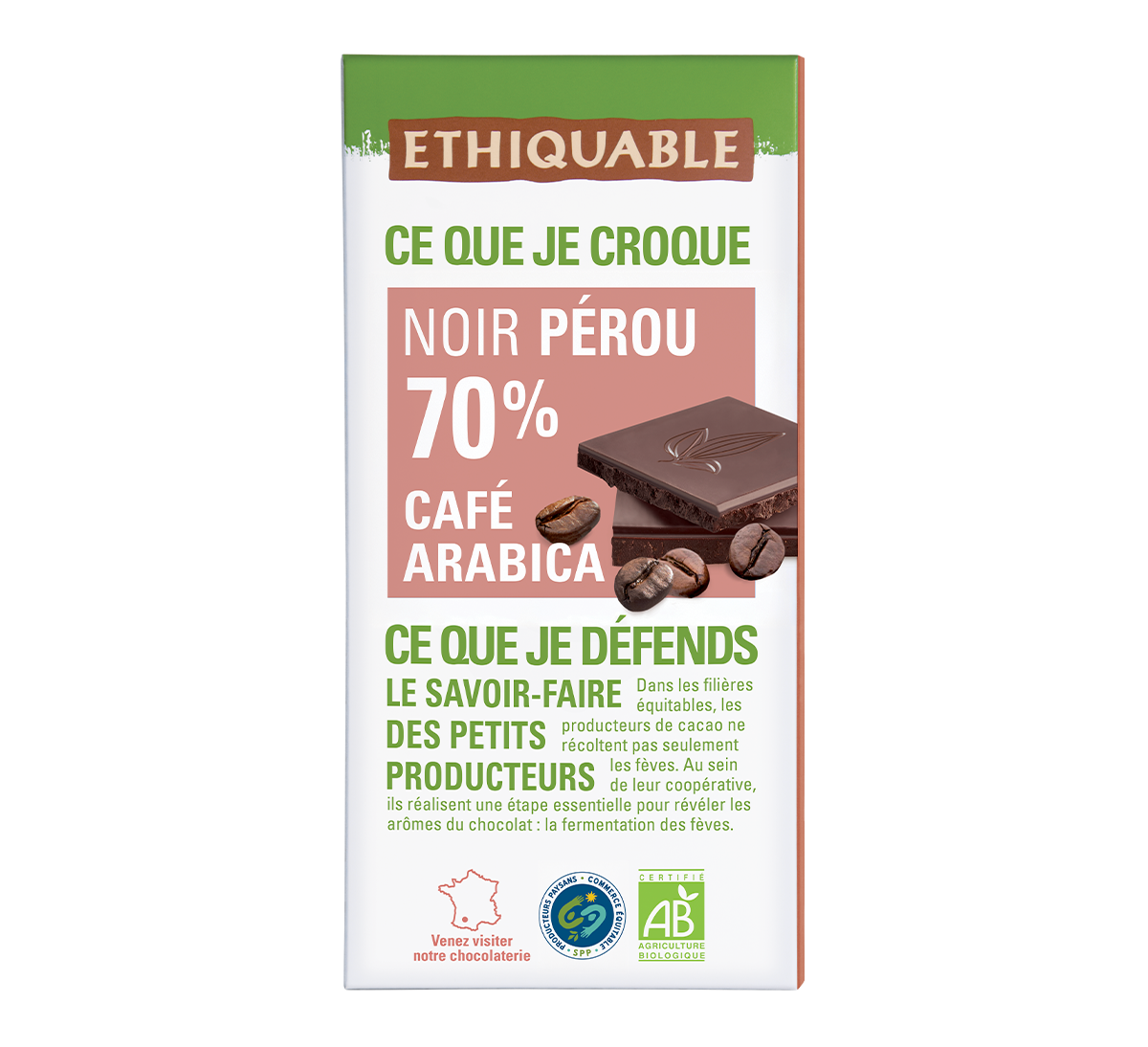 Chocolat noir bio au café arabica 70% de cacao du Pérou issu du Commerce équitable Chocolat noir bio au café arabica 70% de cacao du Pérou issu du Commerce équitable