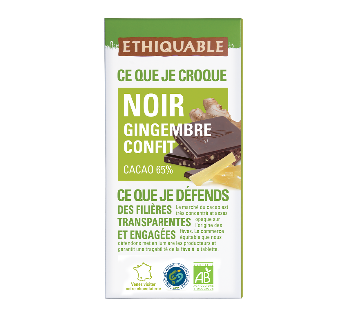 Chocolat noir bio au gingembre confit issu du Commerce Equitable