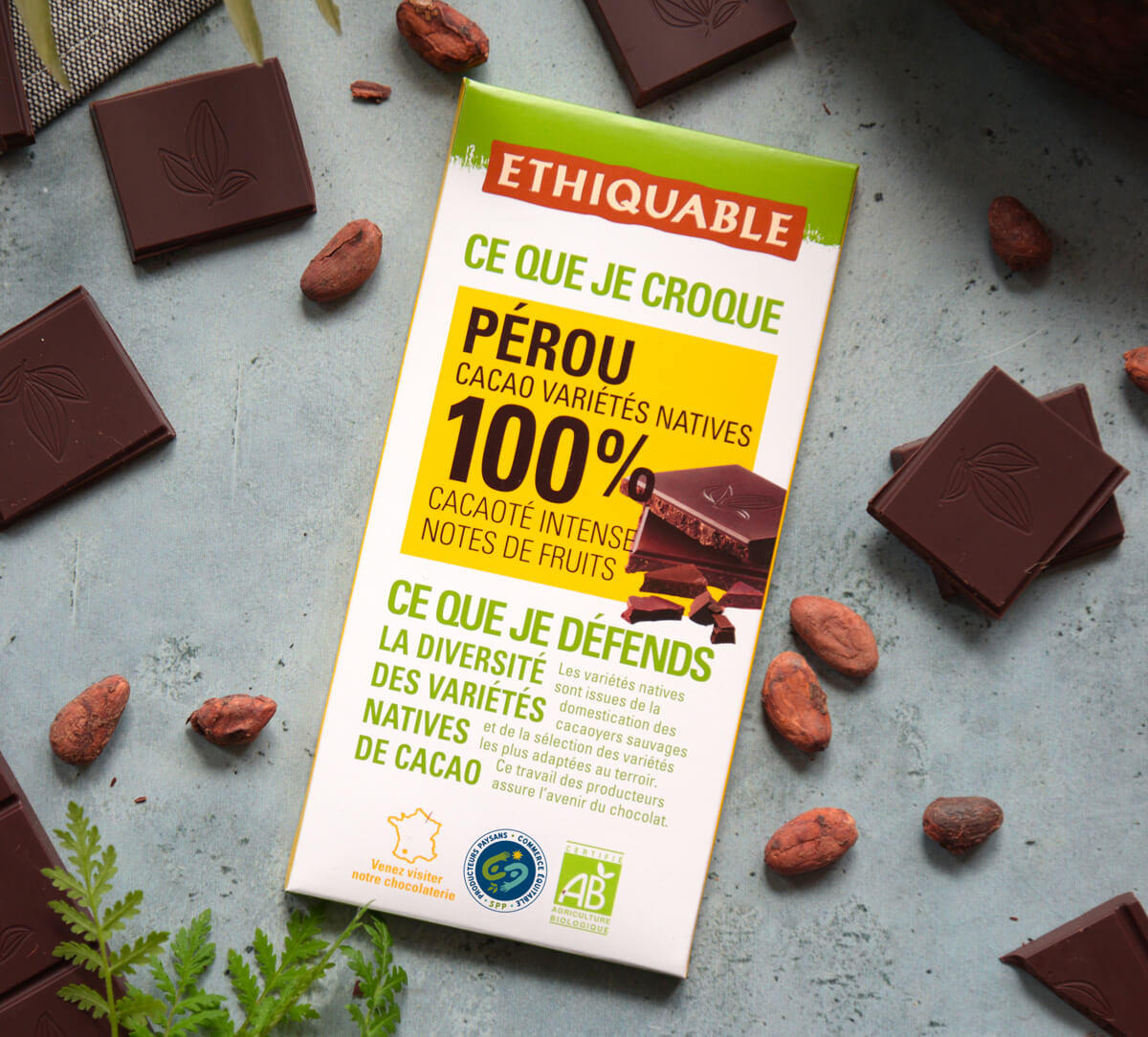 Tablette de chocolat noir bio équitable 100% cacao du Pérou Tablette de chocolat noir bio équitable 100% cacao du Pérou
