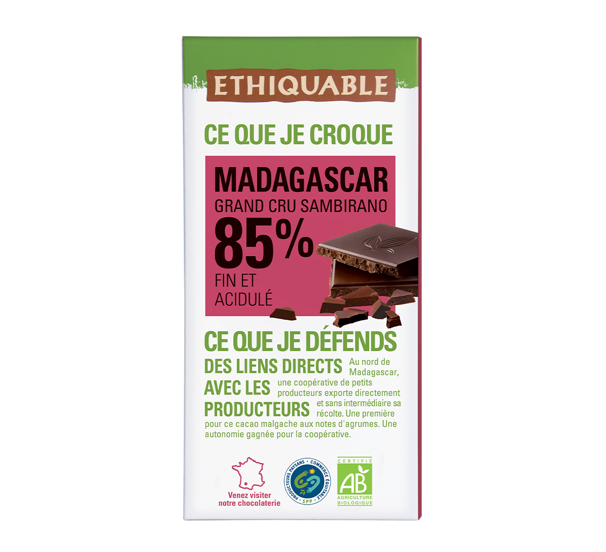 Chocolat noir 85% de cacao de Madagascar Grand Cru Sambirano issu du Commerce Equitable et de l'agriculture biologique Chocolat noir 85% de cacao de Madagascar Grand Cru Sambirano issu du Commerce Equitable et de l'agriculture biologique