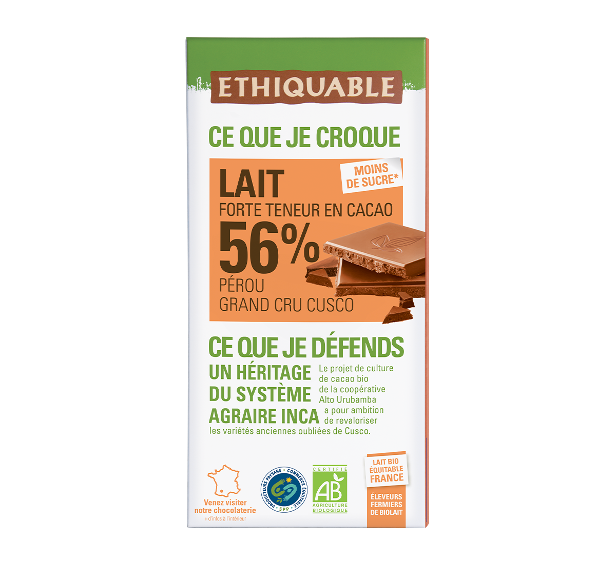 Chocolat lait bio Grand cru Cusco 56% cacao du Pérou issu du Commerce Equitable et de l'agriculture paysanne bio Chocolat lait bio Grand cru Cusco 56% cacao du Pérou issu du Commerce Equitable et de l'agriculture paysanne bio