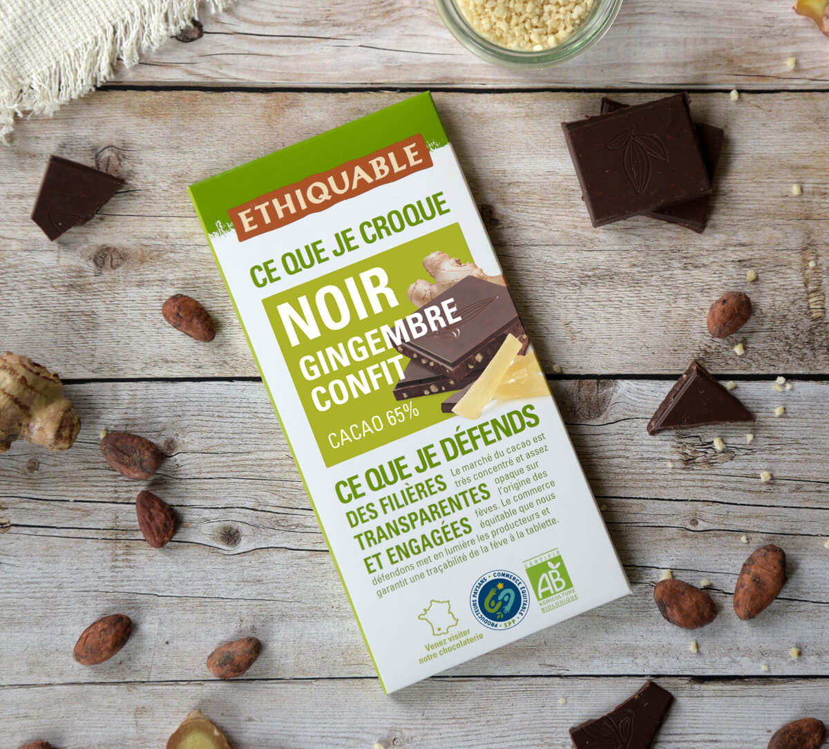 Tablette de chocolat noir au gingembre confit bio et équitable