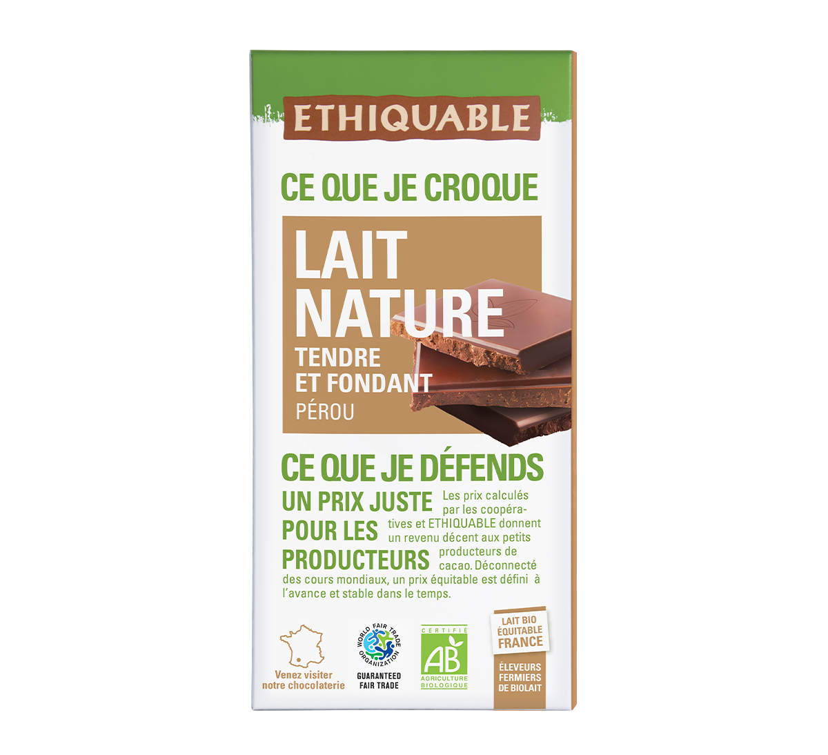 Chocolat au lait nature tendre et fondant issu du Commerce Equitable et de l'agriculture biologique Chocolat au lait nature tendre et fondant issu du Commerce Equitable et de l'agriculture biologique