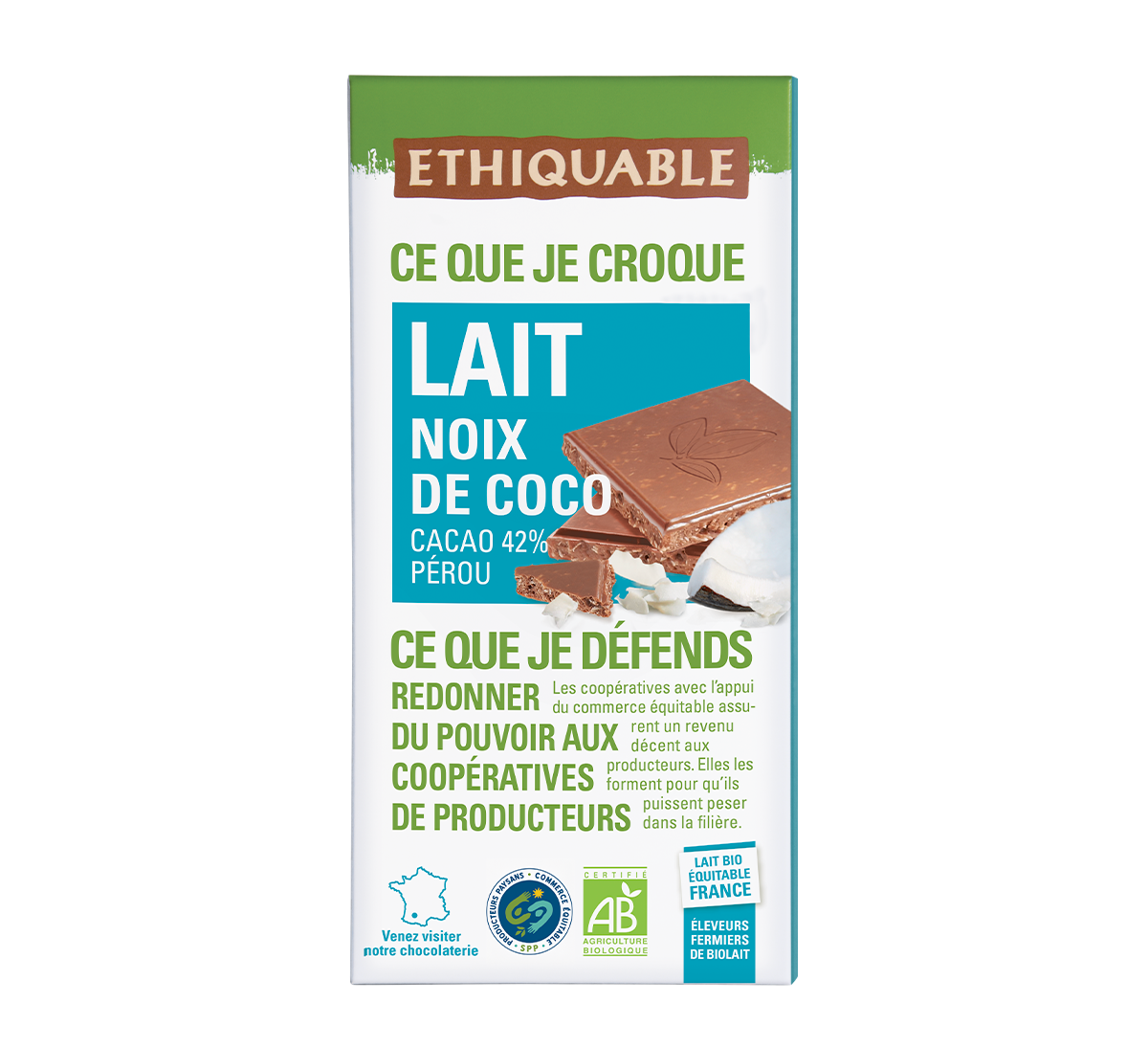 Chocolat au lait à la noix de coco issu du Commerce Equitable et de l'agriculture biologique Chocolat au lait à la noix de coco issu du Commerce Equitable et de l'agriculture biologique