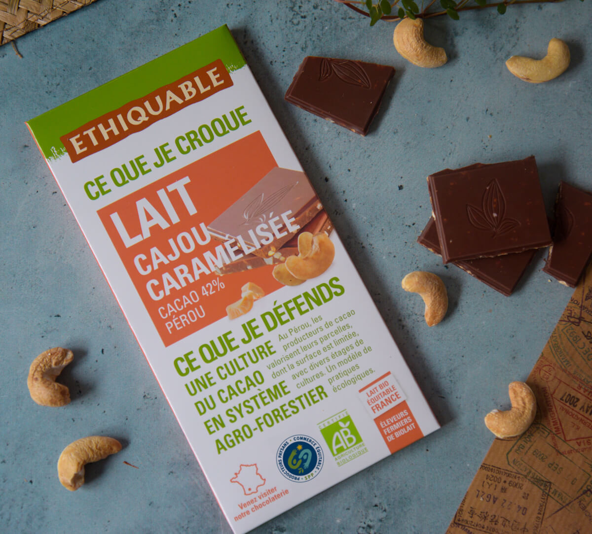 Tablette de chocolat au lait et Cajou caramélisée bio et équitable