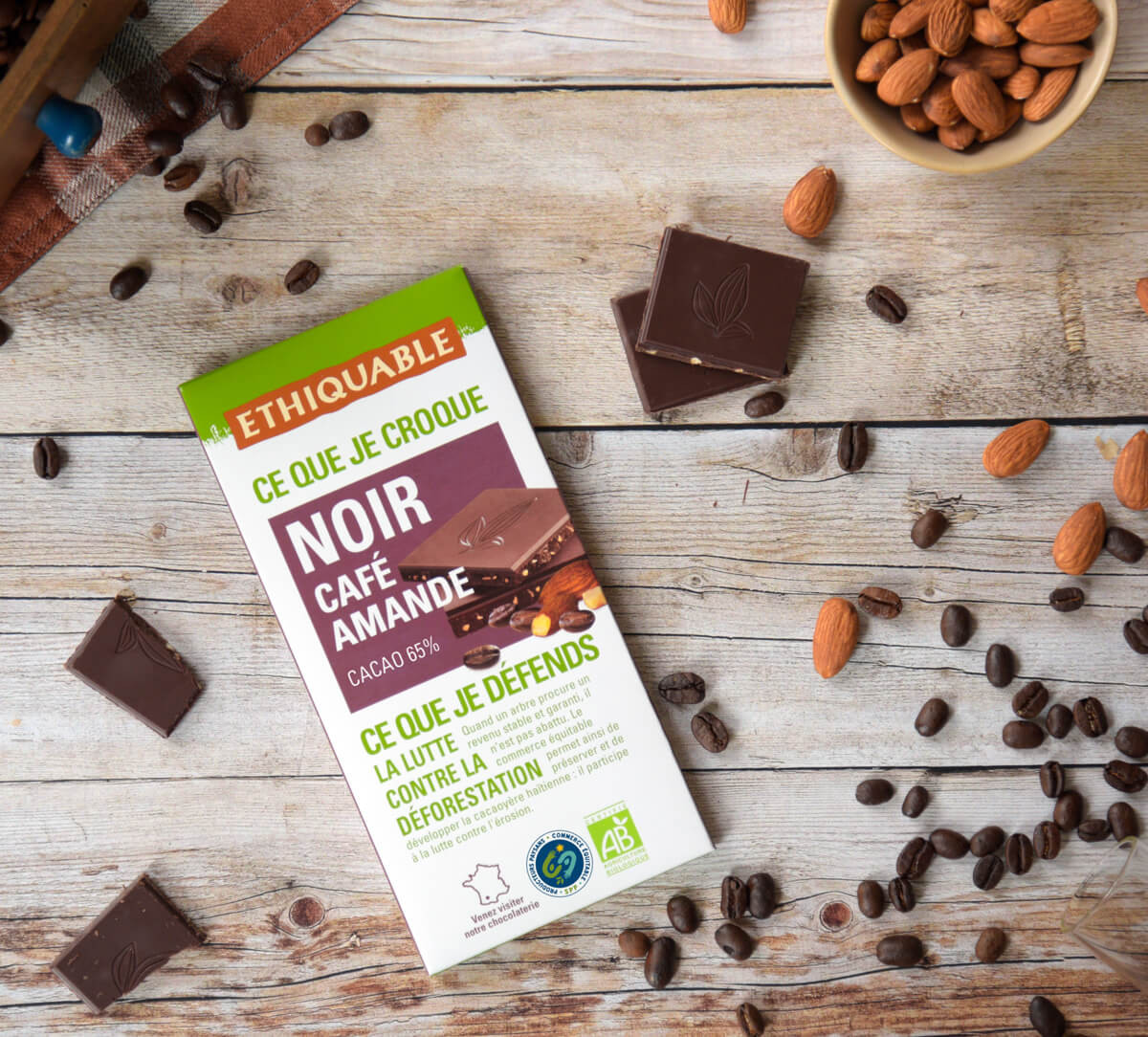 Tablette de chocolat noir au Café et Amande bio et équitable