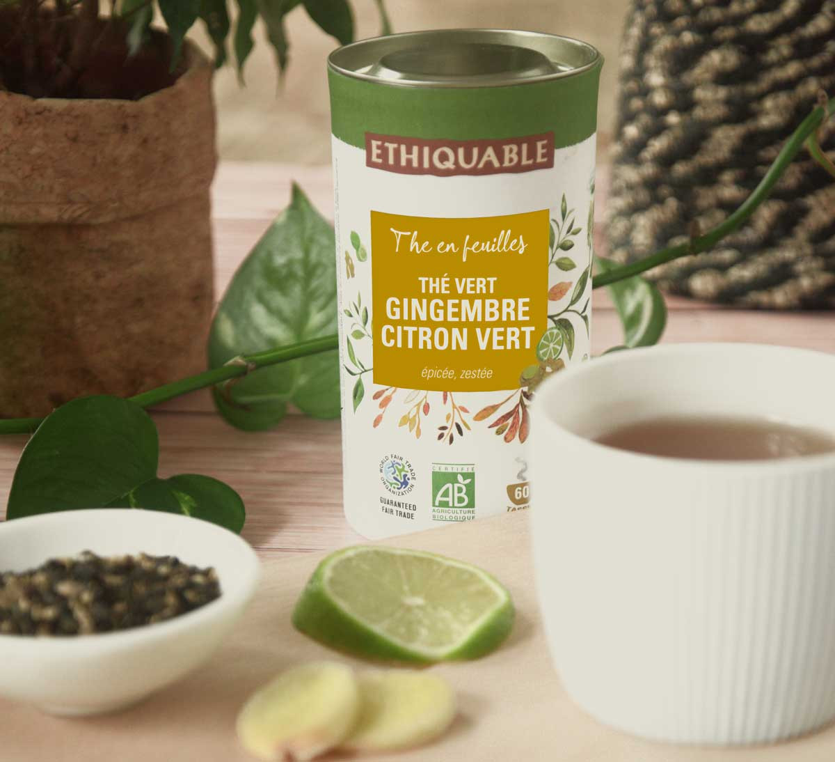 Thé vert Gingembre Citron vert bio feuille entière issu du Commerce Equitable Thé vert Gingembre Citron vert bio feuille entière issu du Commerce Equitable