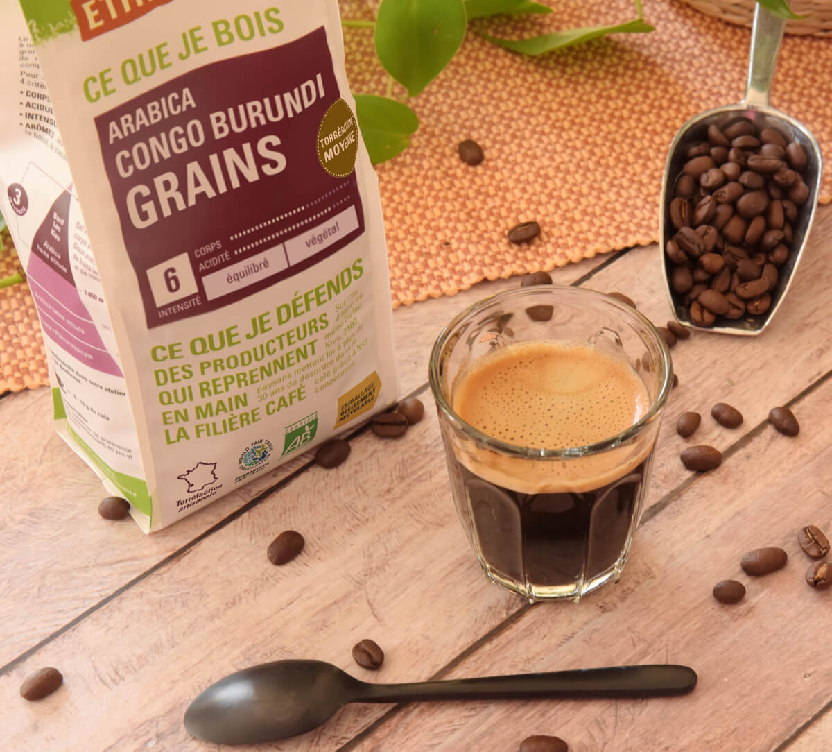 Paquet de café en grains bio équitable du Congo & du Burundi, en format 500gr