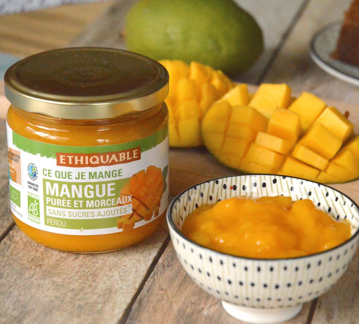 Pot de purée de mangue avec morceaux équitable et bio au Pérou ethiquable Pot de purée de mangue avec morceaux équitable et bio au Pérou ethiquable