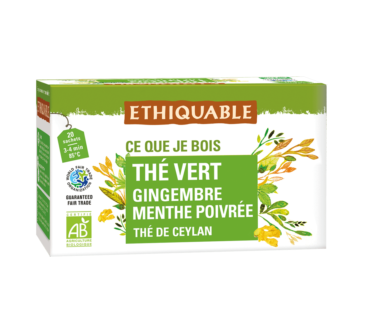 Thé vert bio de Ceylan gingembre menthe poivrée issu du Commerce Equitable, en sachets Thé vert bio de Ceylan gingembre menthe poivrée issu du Commerce Equitable, en sachets