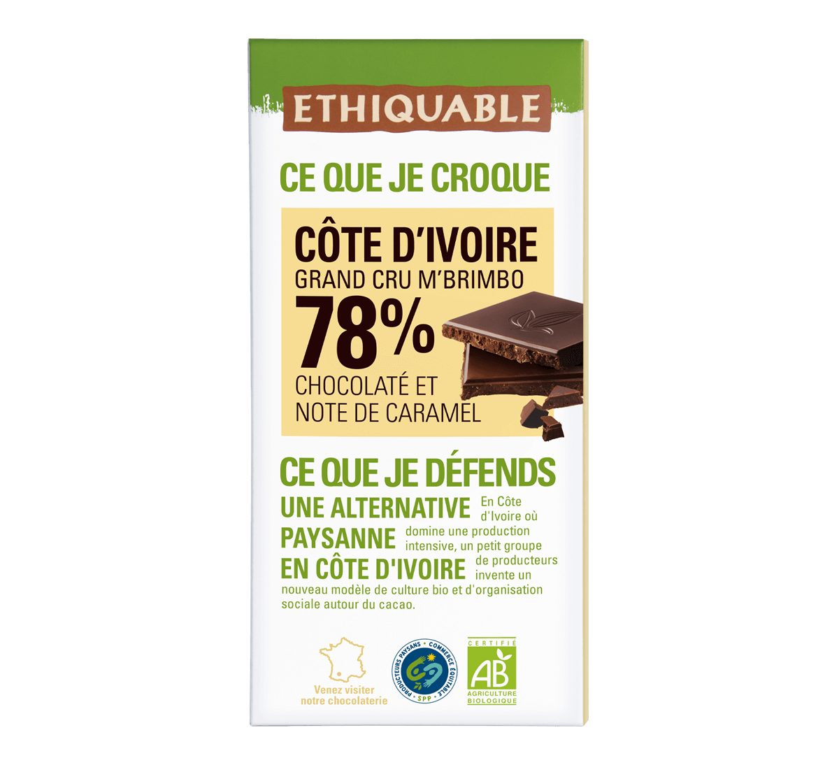 Chocolat noir 78% de cacao bio de Côte d'Ivoire issu du Commerce équitable, Grand Cru M'Brimbo