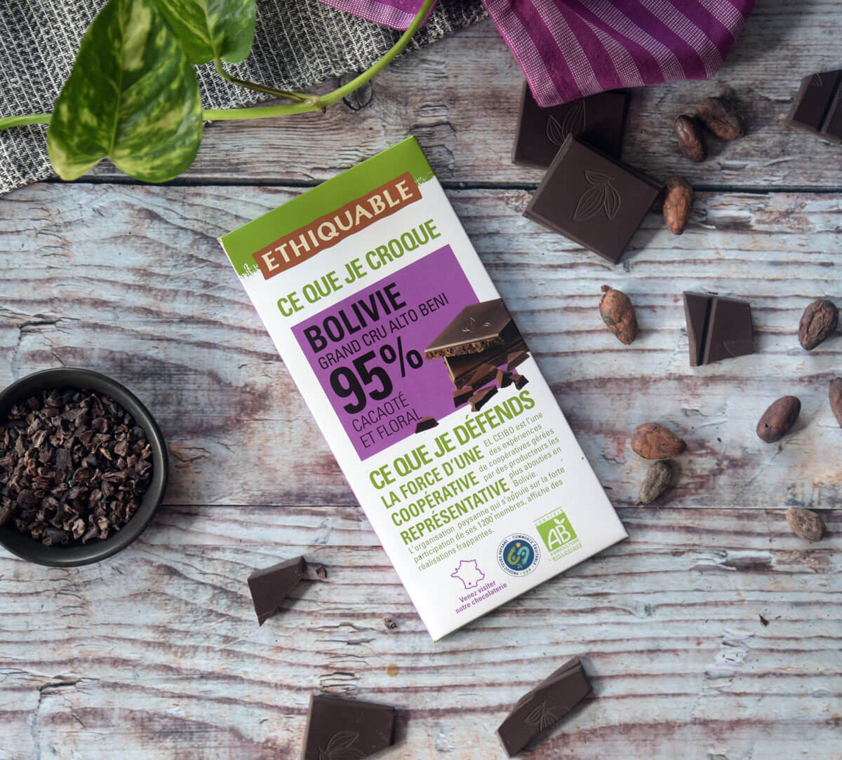 Tablette de chocolat noir bio Grand Cru Alto Beni 95% cacao de Bolivie issu du commerce équitable