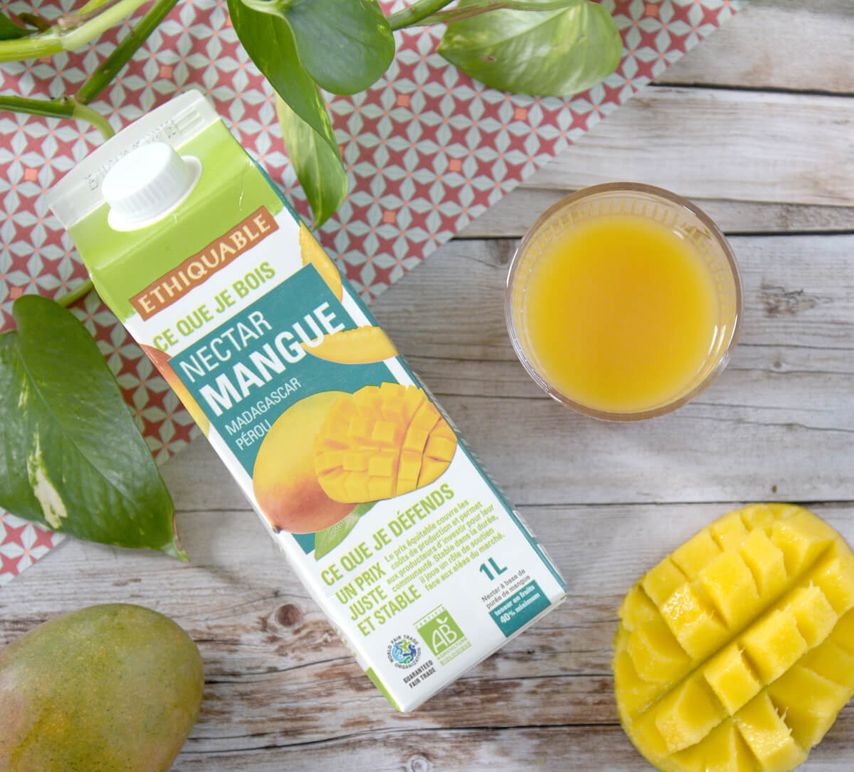 Bouteille de nectar jus de mangue de Madagascar et du Pérou bio et issue du commerce équitable