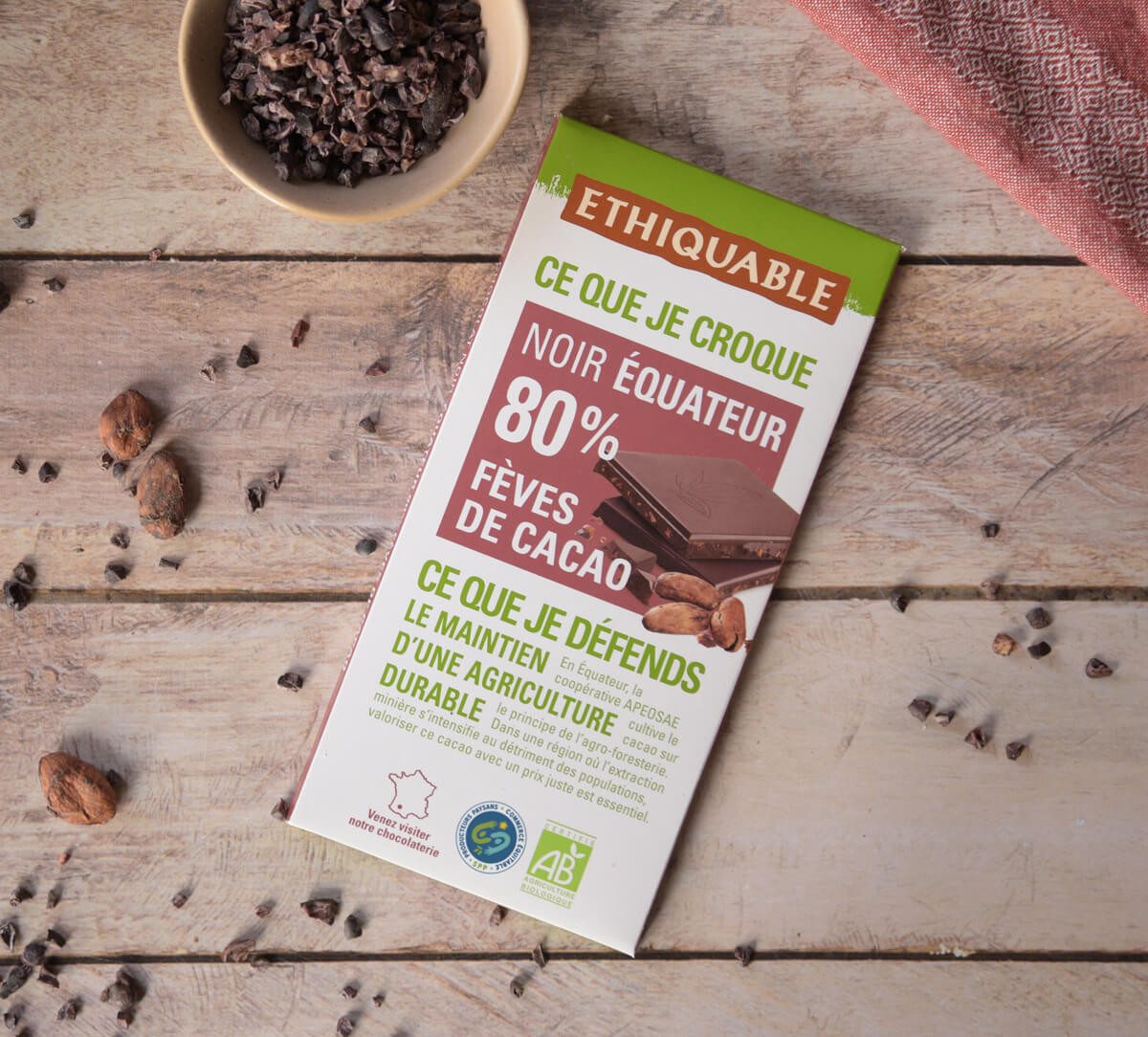 Tablette de chocolat noir 80% de cacao d'Equateur bio aux Fèves de cacao issu du Commerce Equitable