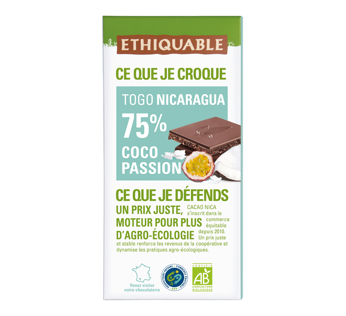 Chocolat noir bio 75% de cacao du Nicaragua et du Togo à la noix de coco et fruit de la passion issu du commerce équitable