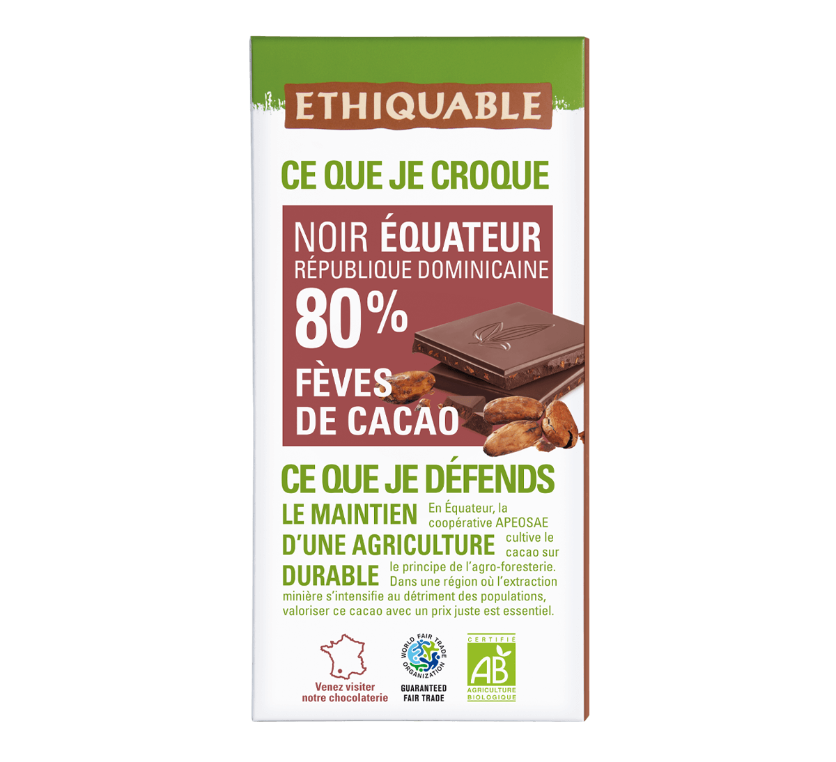 Chocolat noir 80% de cacao d'Equateur et de République dominicaine bio aux Fèves de cacao issu du Commerce Equitable