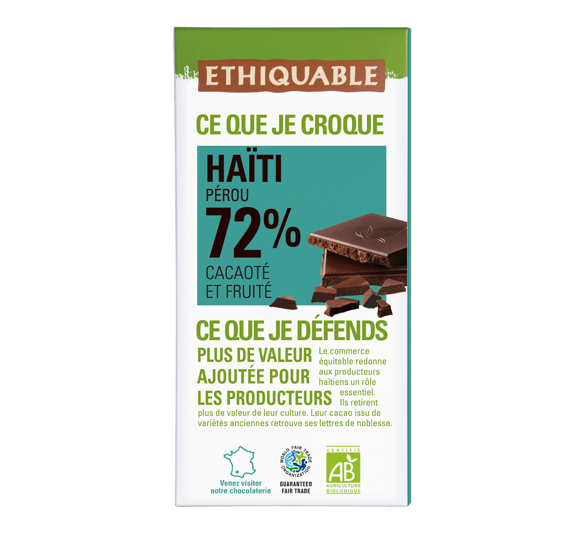 Chocolat noir Ethiquable 72% de cacao d'Haïti et du Pérou issu du commerce équitable et de l'agriculture biologique