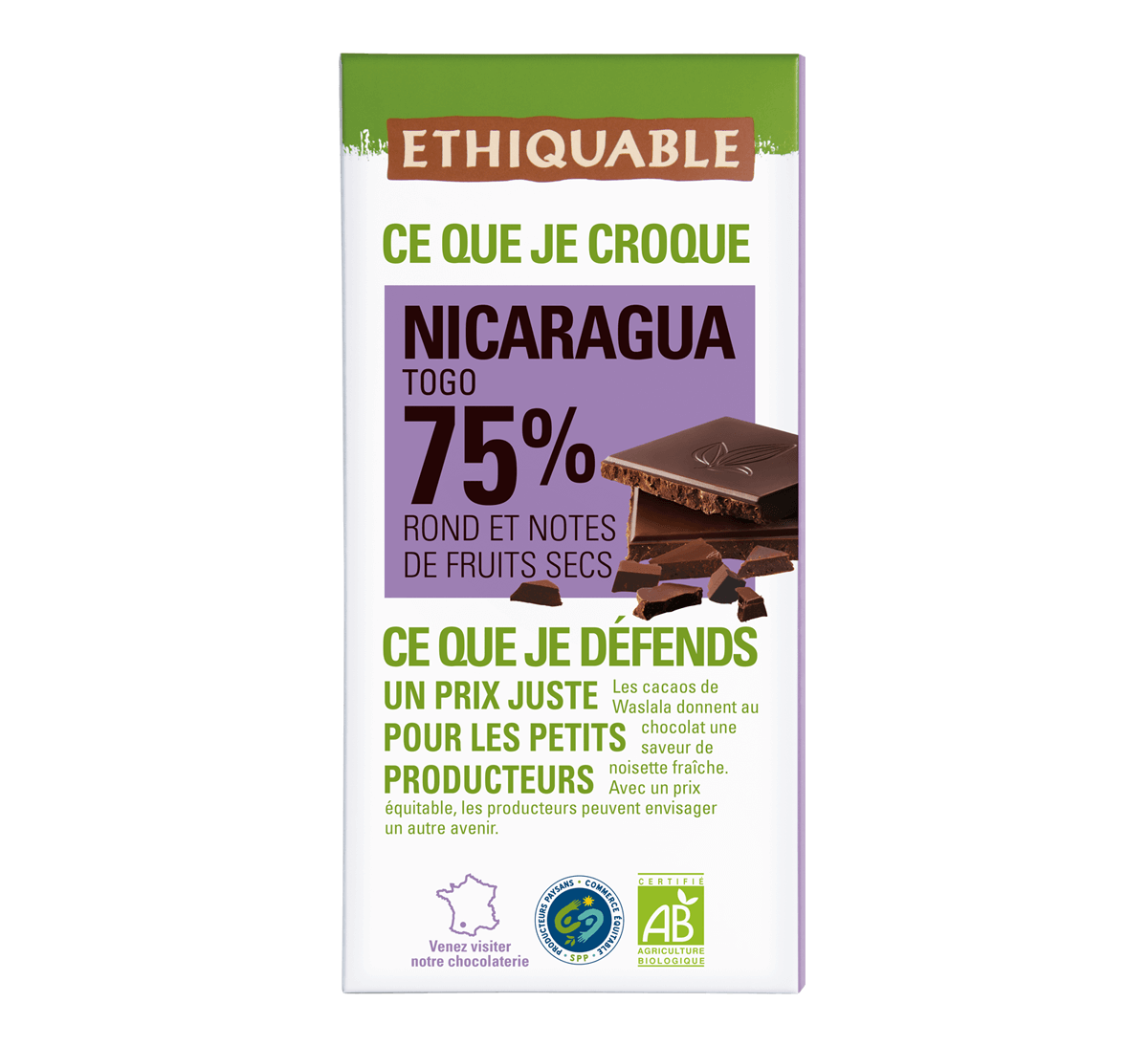 Chocolat noir bio 75% Ethiquable de cacao du Nicaragua et du Togo issu du Commerce Equitable