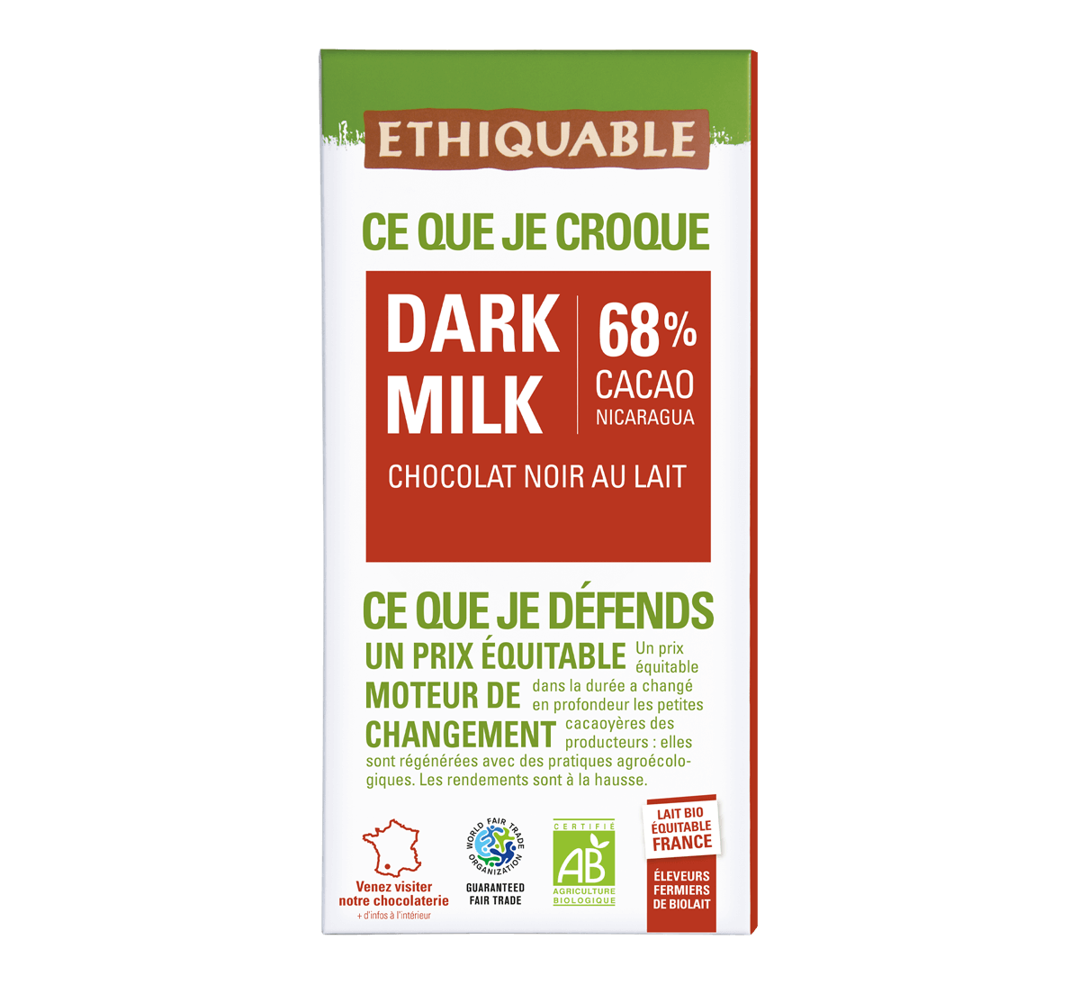 Chocolat noir au lait bio 68% de cacao du Nicaragua Ethiquable issu du Commerce Equitable