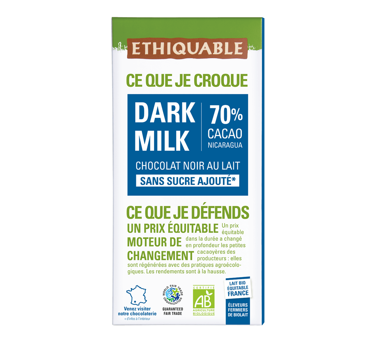 Chocolat noir au lait bio 70% de cacao du Nicaragua sans sucre ajouté Ethiquable issu du Commerce Equitable