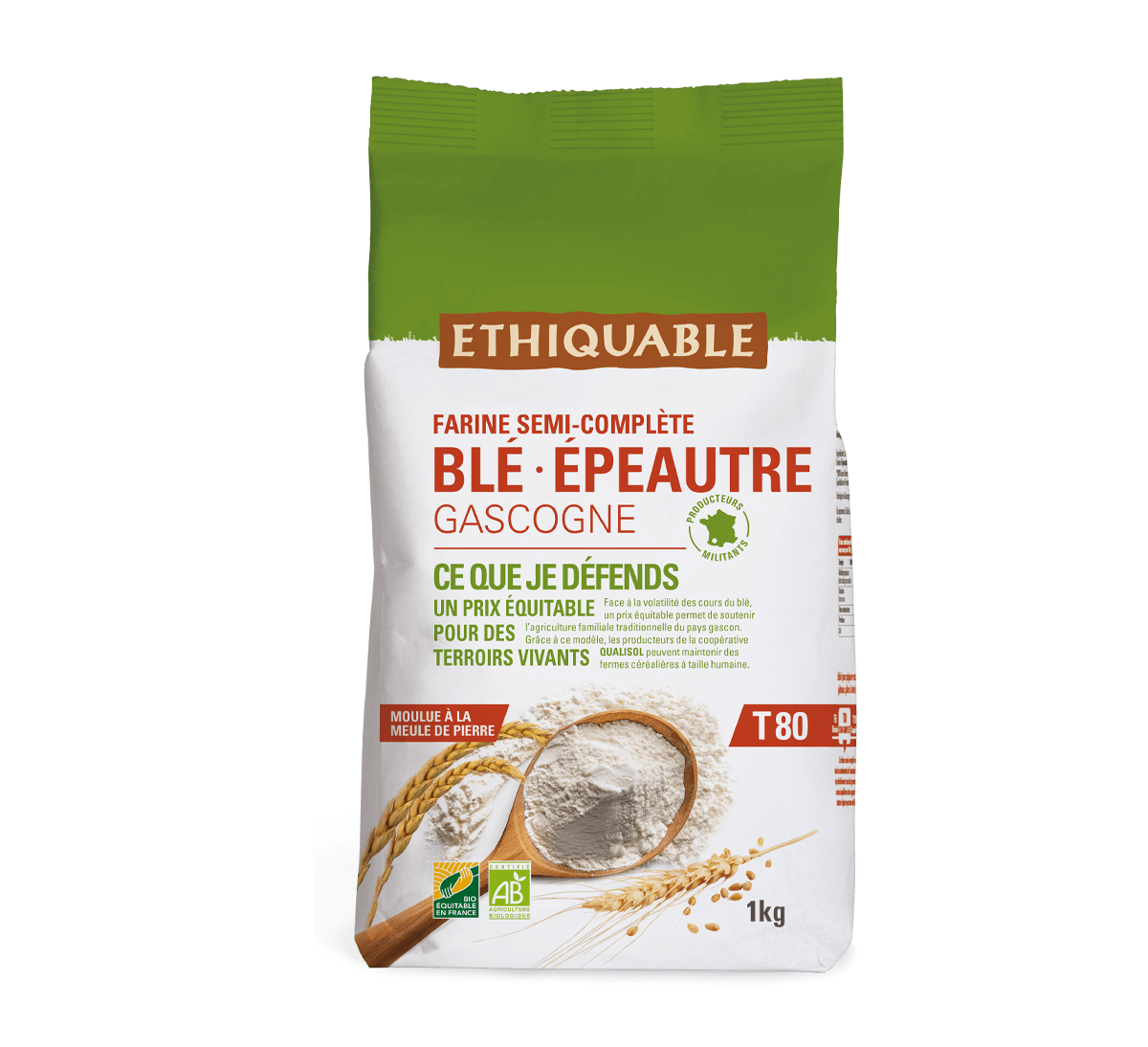Farine semi complète de blé et de grand épeautre T80, bio et issu du commerce équitable en France