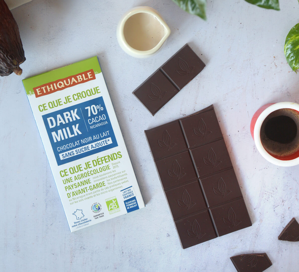 Tablette de chocolat noir au lait bio 70% de cacao du Nicaragua sans sucre ajouté Ethiquable issu du Commerce Equitable