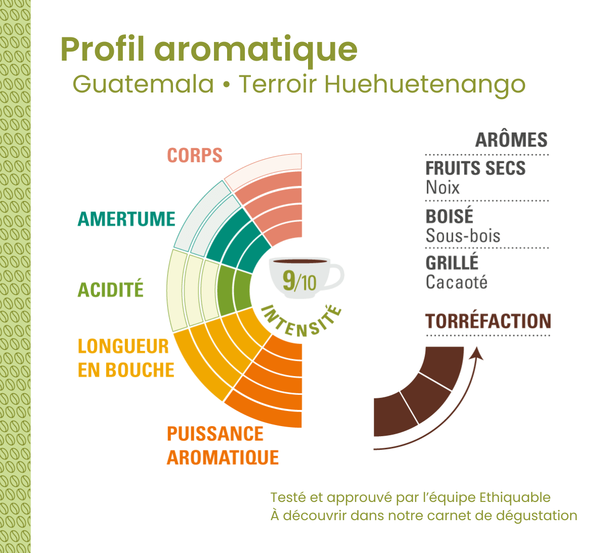 Profil aromatique du café pur arabica Ethiquable en grains bio du Guatemala issu du Commerce équitable en format 500gr Profil aromatique du café pur arabica Ethiquable en grains bio du Guatemala issu du Commerce équitable en format 500gr