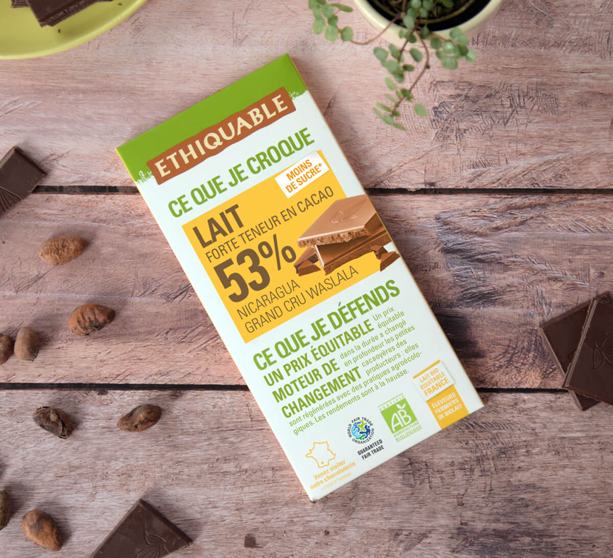 Tablette de chocolat au lait bio 53% de cacao Nicaragua issu du Commerce Equitable - Ethiquable