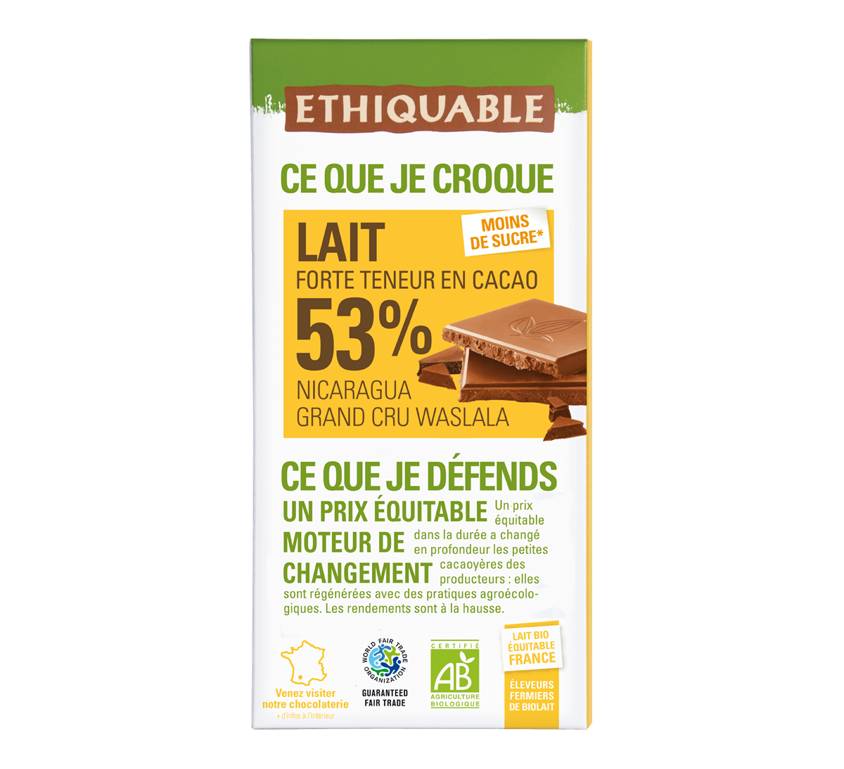 Chocolat au lait bio 53% de cacao Nicaragua issu du Commerce Equitable - Ethiquable