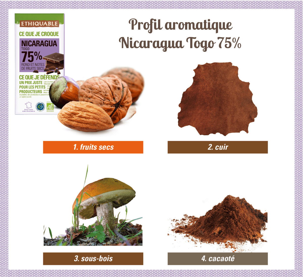 Profil aromatique du chocolat noir Ethiquable bio et équitable 75% de cacao du Nicaragua