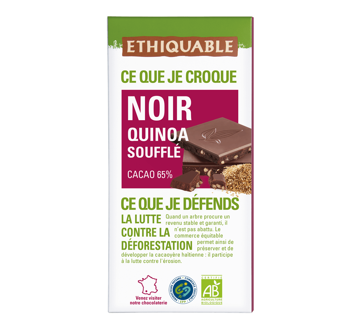 Chocolat noir bio au Quinoa soufflé issu du Commerce Equitable et de l'agriculture biologique - Ethiquable