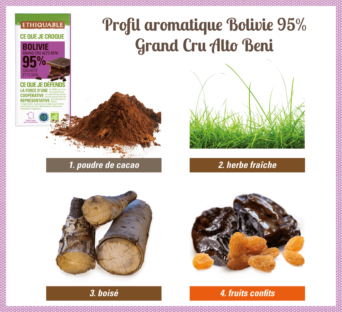 Profil aromatique du Chocolat noir bio Grand Cru Alto Beni 95% cacao de Bolivie issu du commerce équitable
