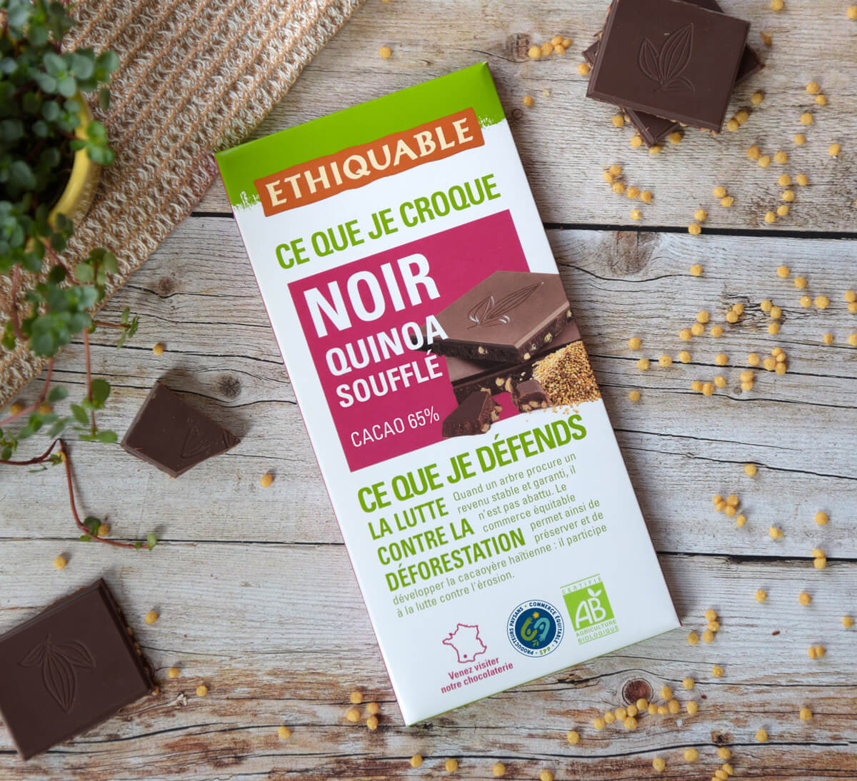 Tablette de chocolat noir bio au Quinoa soufflé issu du Commerce Equitable et de l'agriculture biologique - Ethiquable