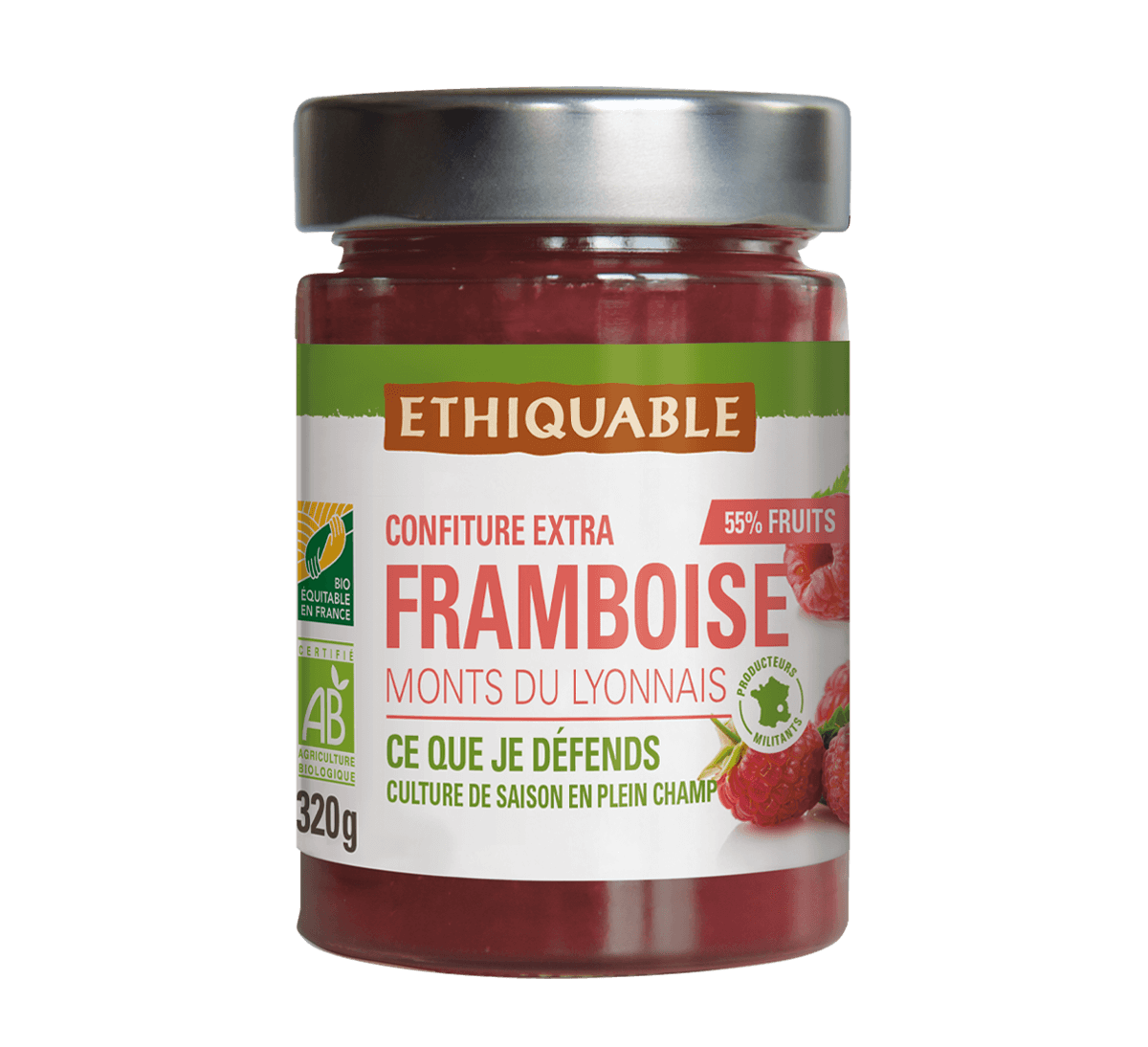 Confiture de framboise bio et équitable de France. 55% de fruits - Ethiquable